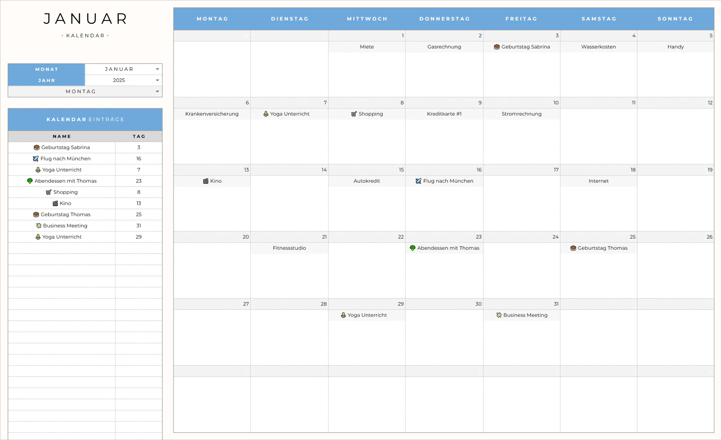 Finanz-Kalender Ansicht