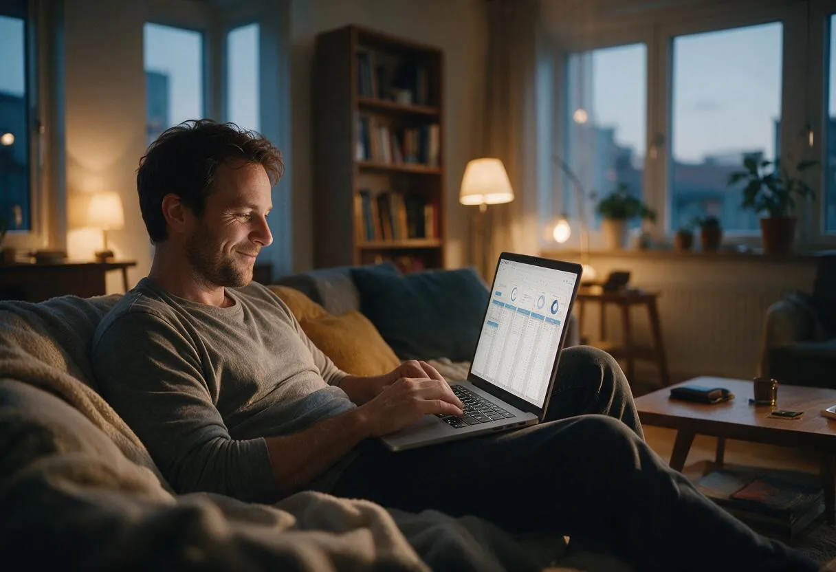Mann trägt abends entspannt seine Ausgaben am Laptop ein